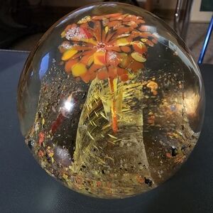 Large Murano Style Flower Burst Oranges And Yellow Paperweight Orb.